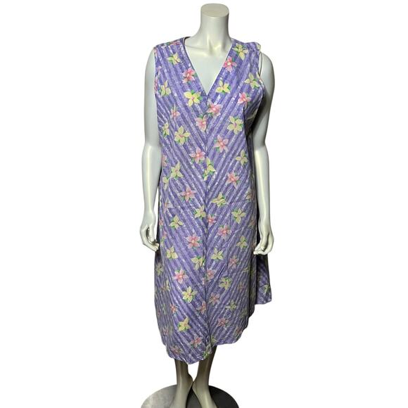 Anthony Richards Floral Midi Housedress Purple Stripe Sleeveless V-Neck Lounge L - Picture 1 of 6